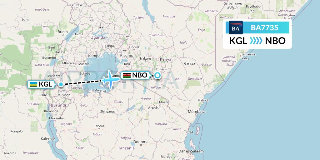 BA7735 British Airways Flight Map: Kigali to Nairobi