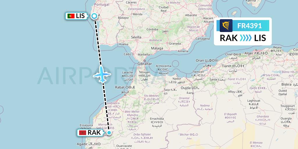 FR4391 Ryanair Flight Map: Marrakesh to Lisbon