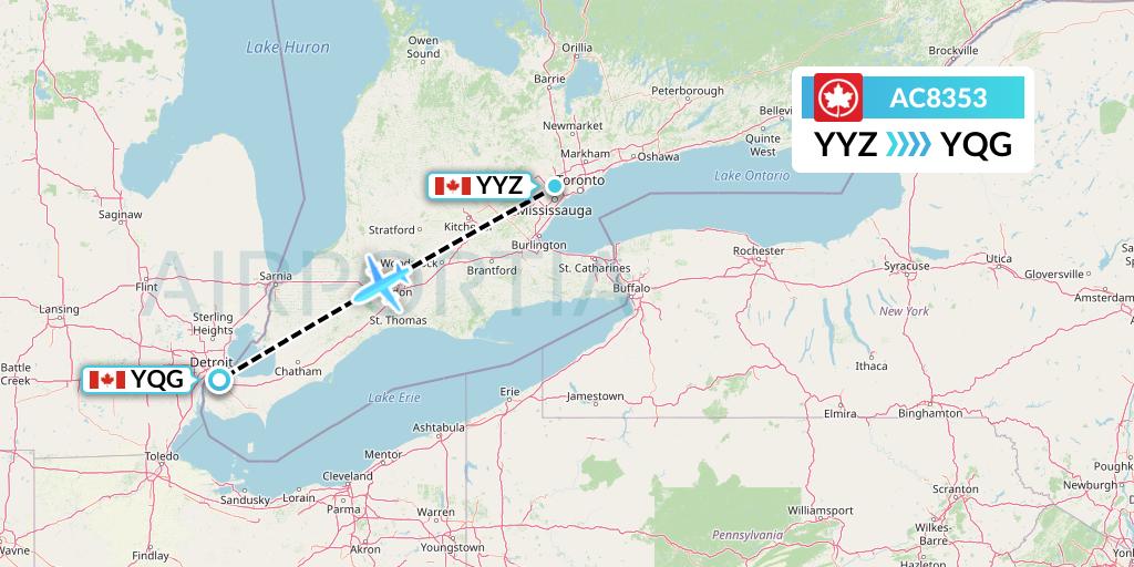 AC8353 Air Canada Flight Map: Toronto to Windsor