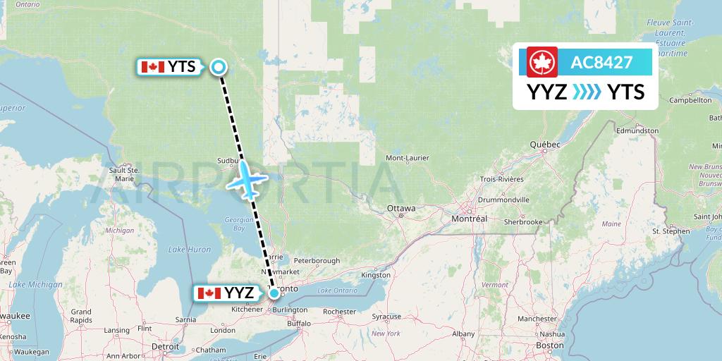 AC8427 Air Canada Flight Map: Toronto to Timmins