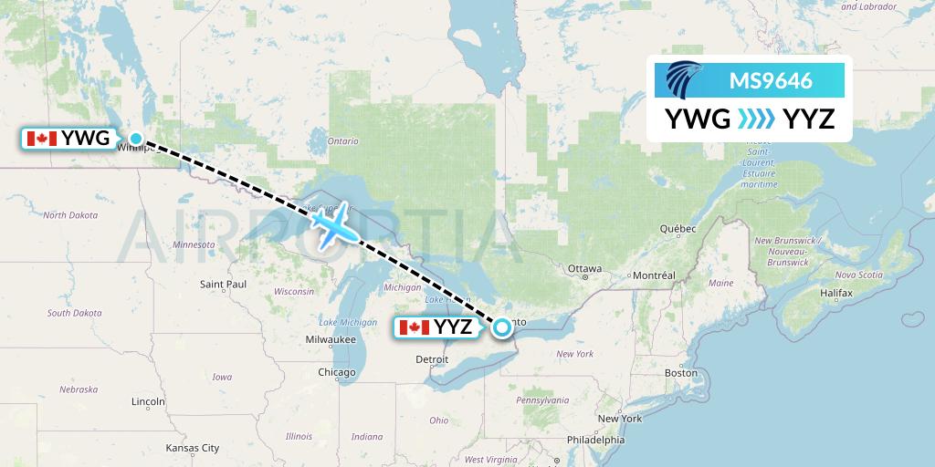 MS9646 EgyptAir Flight Map: Winnipeg to Toronto