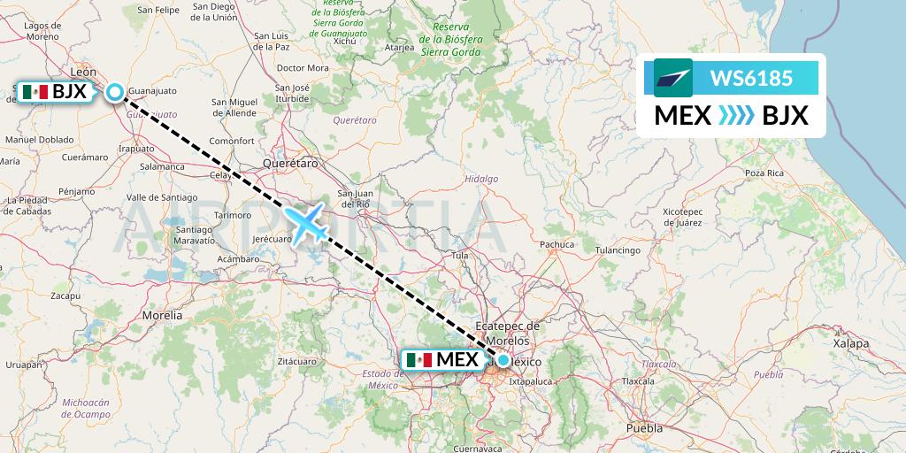 WS6185 WestJet Flight Map: Mexico City to Silao