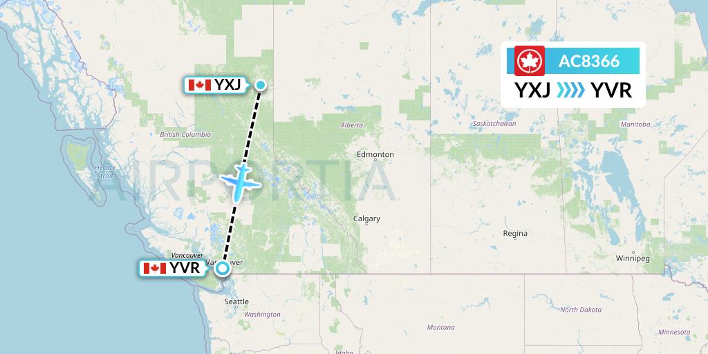 AC8366 Air Canada Flight Map: Fort St. John to Vancouver