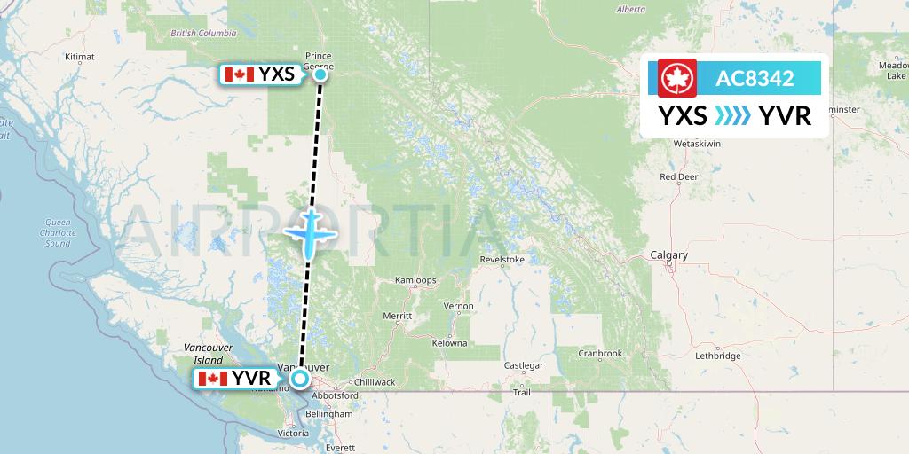 AC8342 Air Canada Flight Map: Prince George to Vancouver
