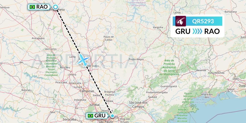 QR5293 Qatar Airways Flight Map: Sao Paulo to Riberao Preto