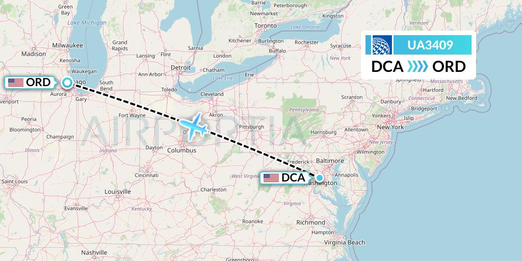 UA3409 United Airlines Flight Map: Washington to Chicago