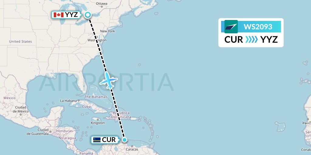 WS2093 WestJet Flight Map: Willemstad to Toronto