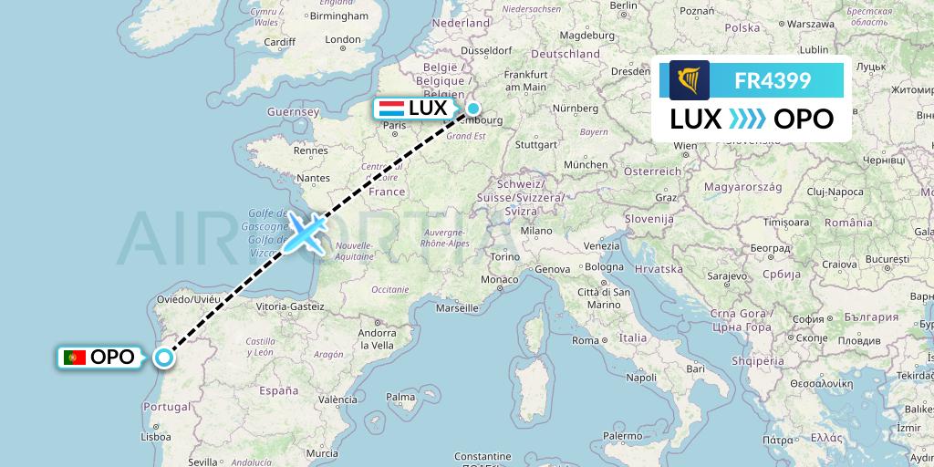 FR4399 Ryanair Flight Map: Luxembourg to Porto