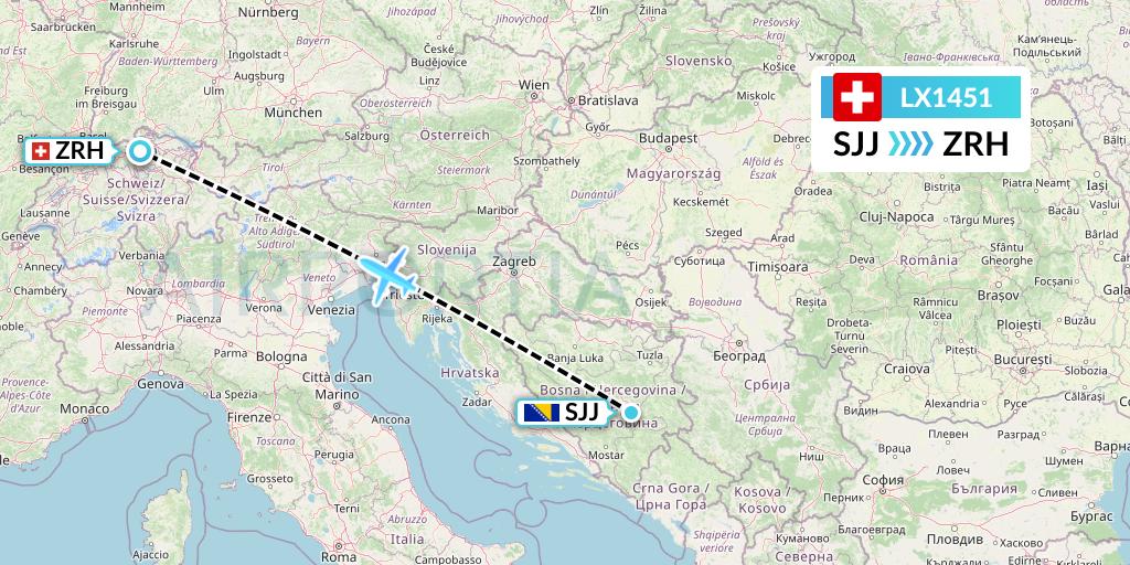 LX1451 Swiss Flight Map: Sarajevo to Zurich