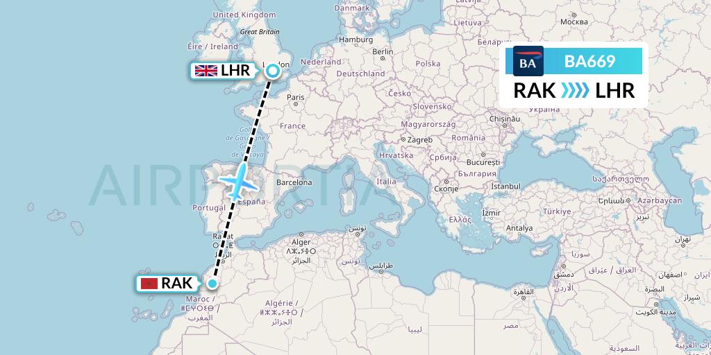 BA669 British Airways Flight Map: Marrakesh to London