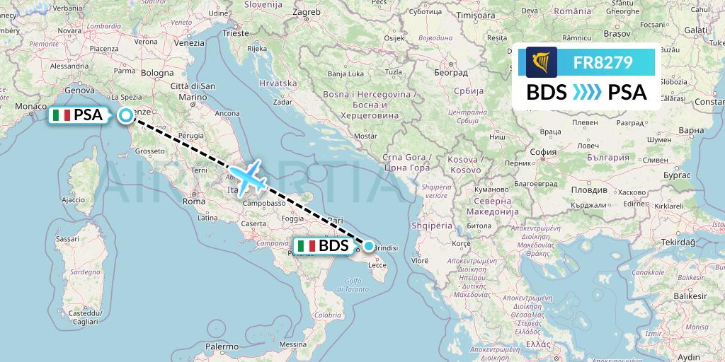 FR8279 Ryanair Flight Map: Brindisi to Pisa