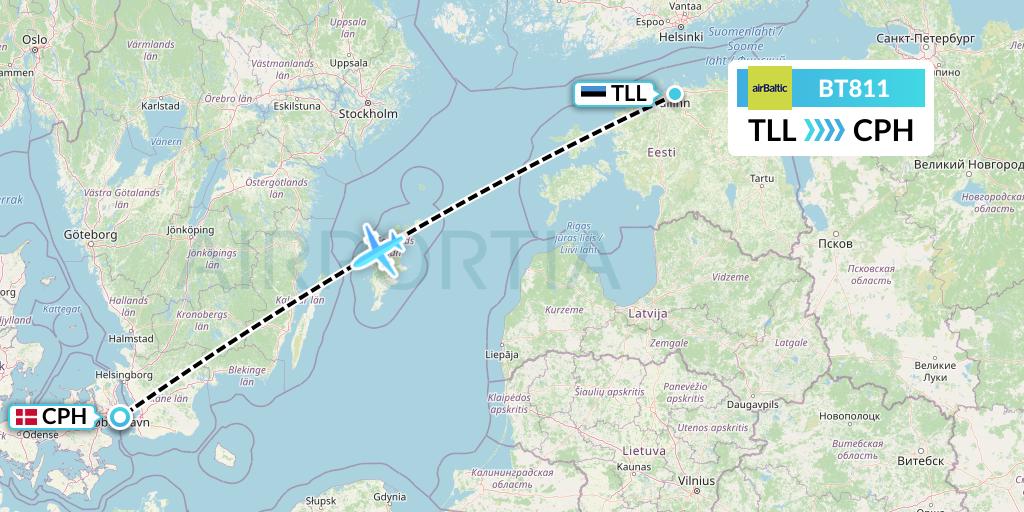 BT811 Air Baltic Flight Map: Tallinn to Copenhagen