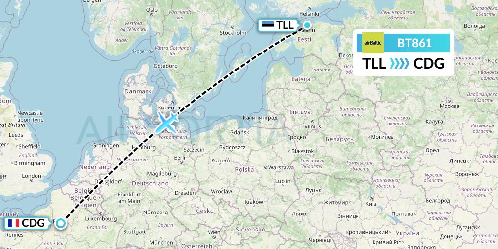 BT861 Air Baltic Flight Map: Tallinn to Paris