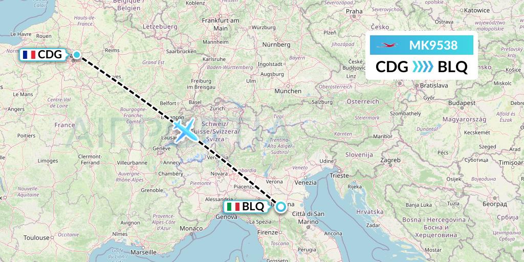 MK9538 Air Mauritius Flight Map: Paris to Bologna