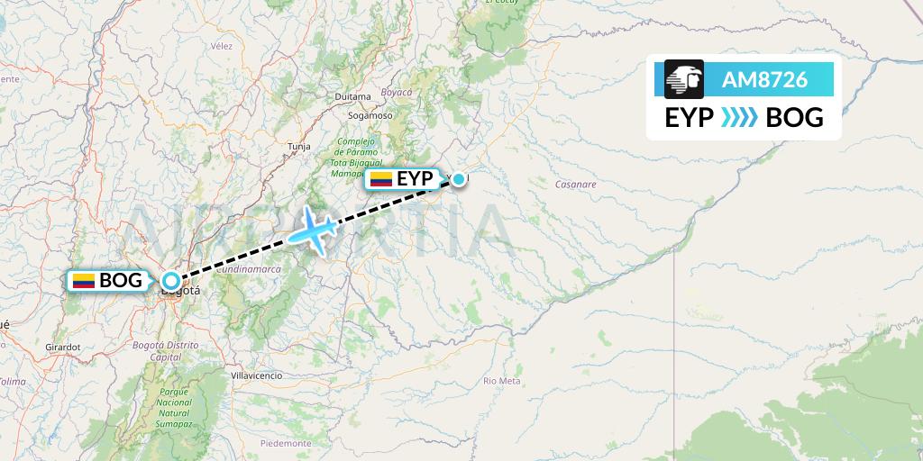 AM8726 Aeromexico Flight Map: Yopal to Bogota