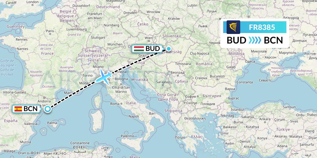 FR8385 Ryanair Flight Map: Budapest to Barcelona