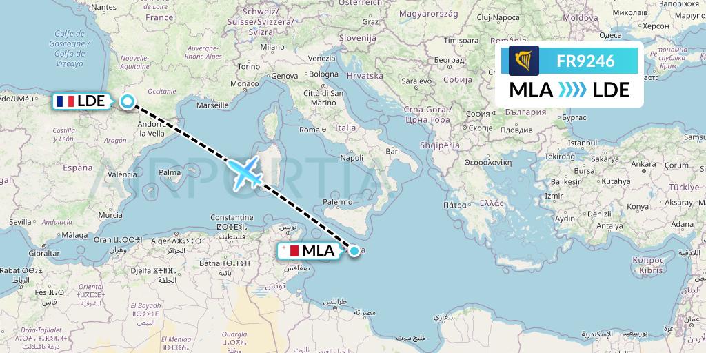 FR9246 Ryanair Flight Map: Malta to Tarbes