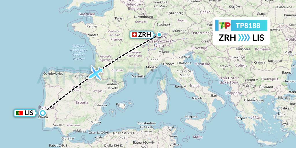 TP8188 TAP Portugal Flight Map: Zurich to Lisbon
