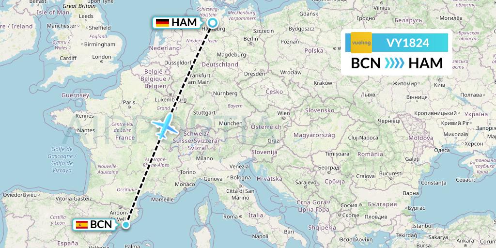 VY1824 Vueling Flight Map: Barcelona to Hamburg