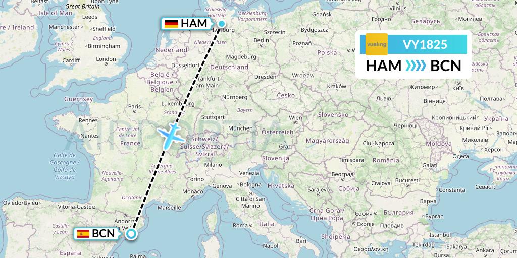VY1825 Vueling Flight Map: Hamburg to Barcelona