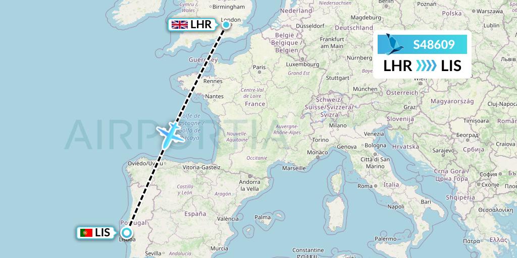 S48609 Azores Airlines Flight Map: London to Lisbon