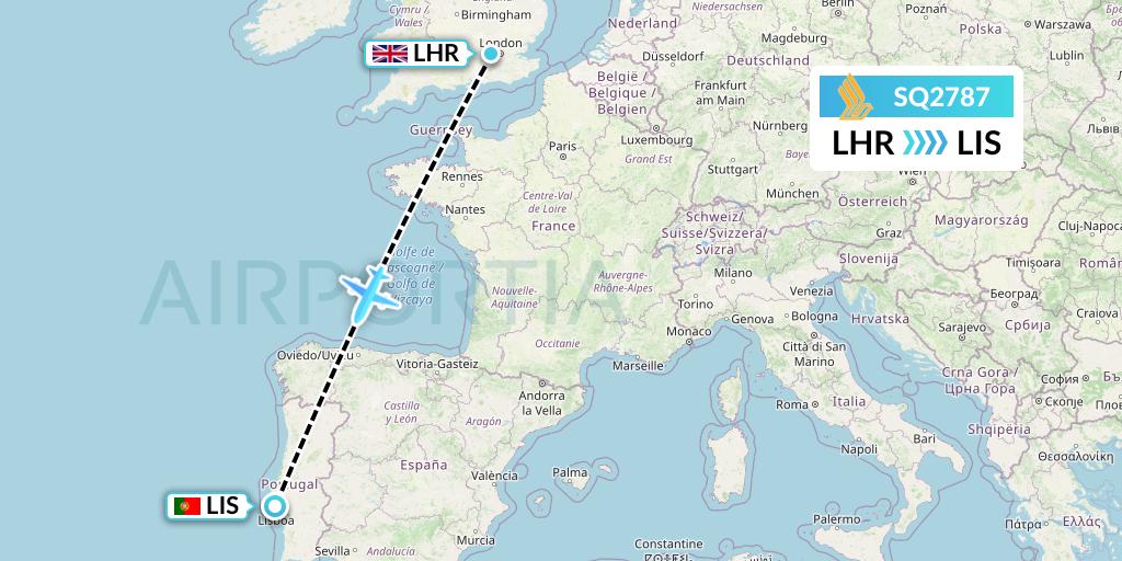 SQ2787 Singapore Airlines Flight Map: London to Lisbon