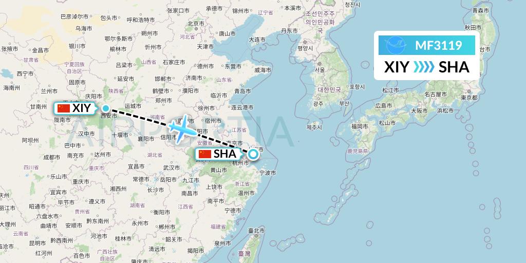 MF3119 Xiamen Airlines Flight Map: Xi'an to Shanghai