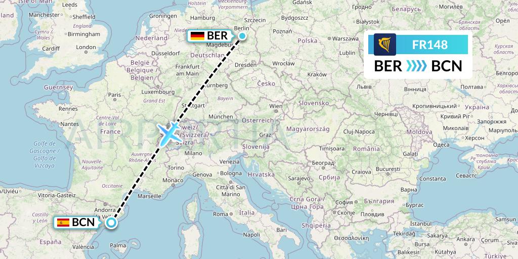 FR148 Ryanair Flight Map: Berlin to Barcelona