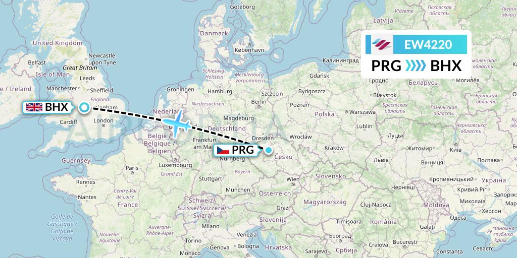 EW4220 Eurowings Flight Map: Prague to Birmingham