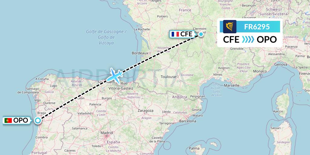 FR6295 Ryanair Flight Map: Clermont-Ferrand to Porto