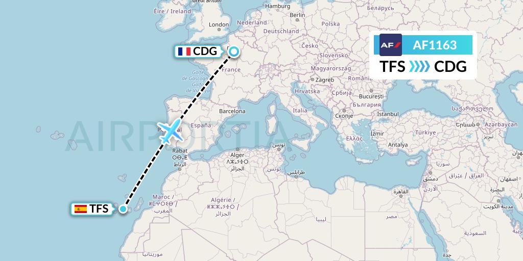 AF1163 Air France Flight Map: Tenerife to Paris