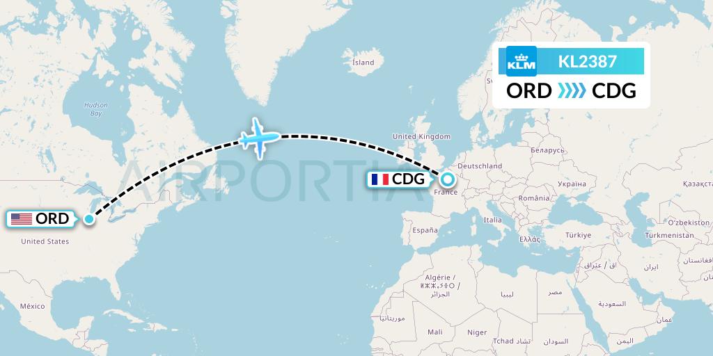 KL2387 KLM Flight Map: Chicago to Paris