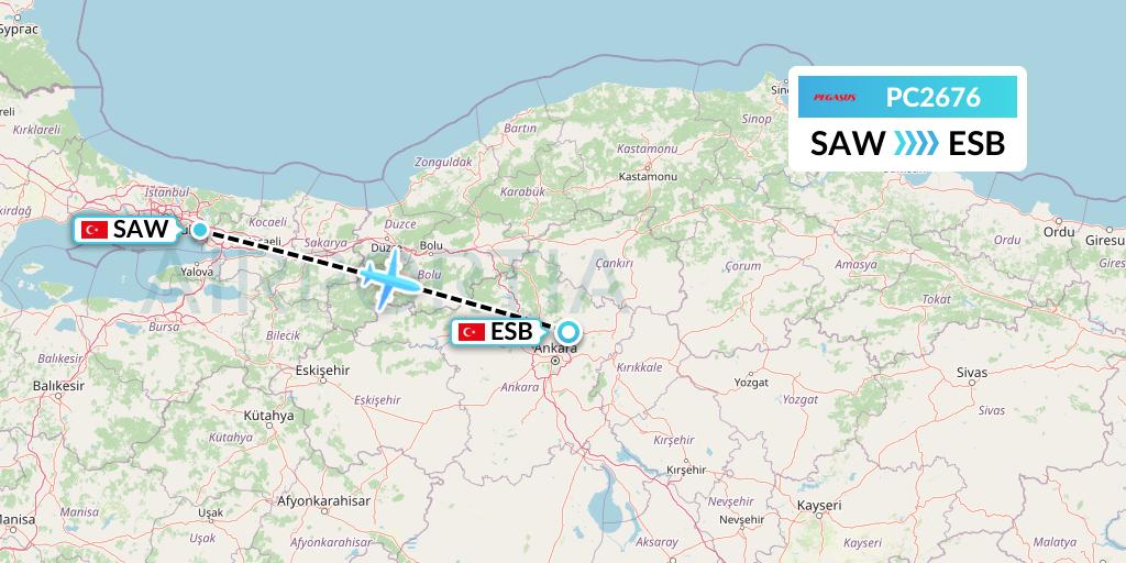 PC2676 Pegasus Airlines Flight Map: Istanbul to Ankara