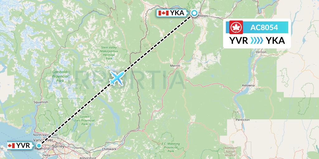 AC8054 Air Canada Flight Map: Vancouver to Kamloops