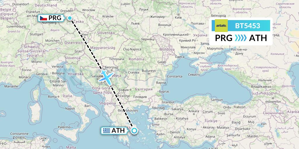 BT5453 Air Baltic Flight Map: Prague to Athens