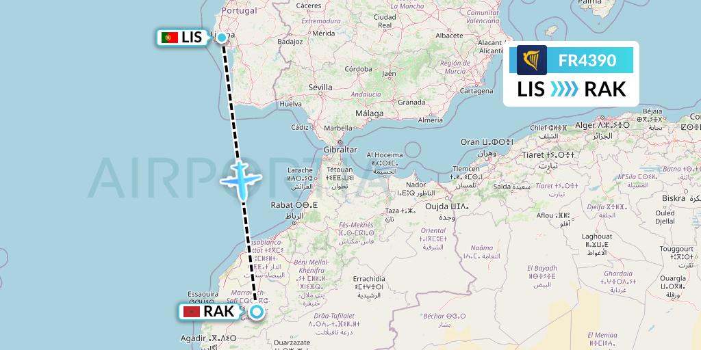 FR4390 Ryanair Flight Map: Lisbon to Marrakesh