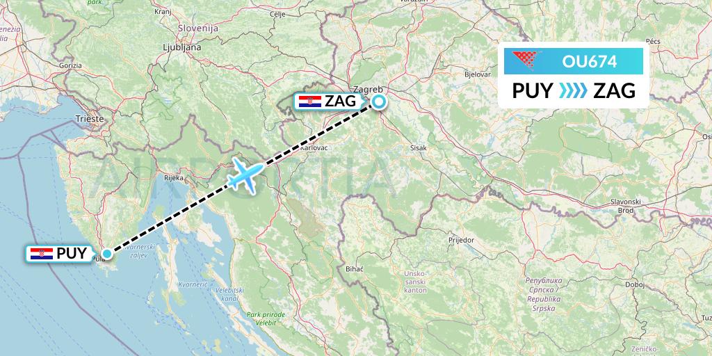 OU674 Croatia Airlines Flight Map: Pula to Zagreb