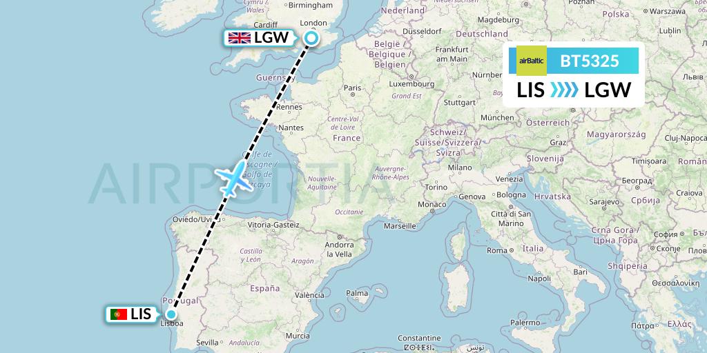 BT5325 Air Baltic Flight Map: Lisbon to London