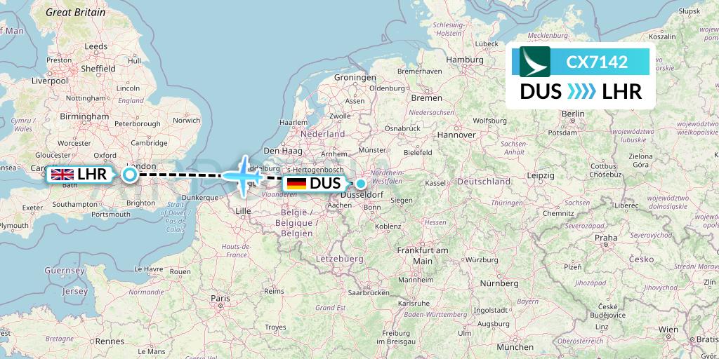 CX7142 Cathay Pacific Flight Map: Dusseldorf to London