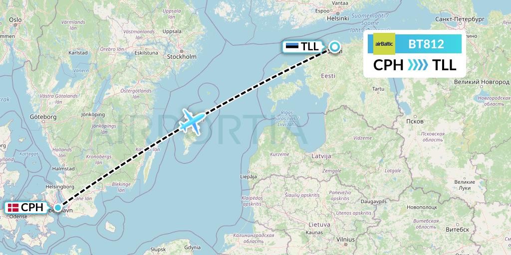 BT812 Air Baltic Flight Map: Copenhagen to Tallinn