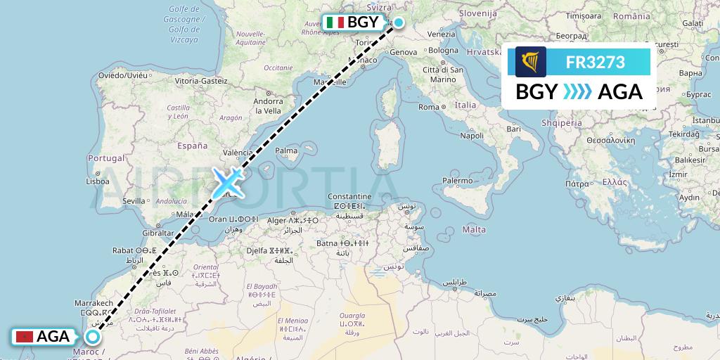 FR3273 Ryanair Flight Map: Milan to Agadir