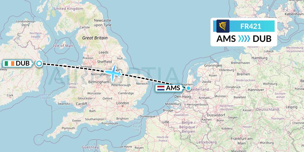 FR421 Ryanair Flight Map: Amsterdam to Dublin