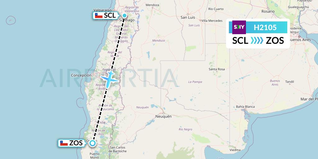 H2105 Sky Airline Flight Map: Santiago to Osorno