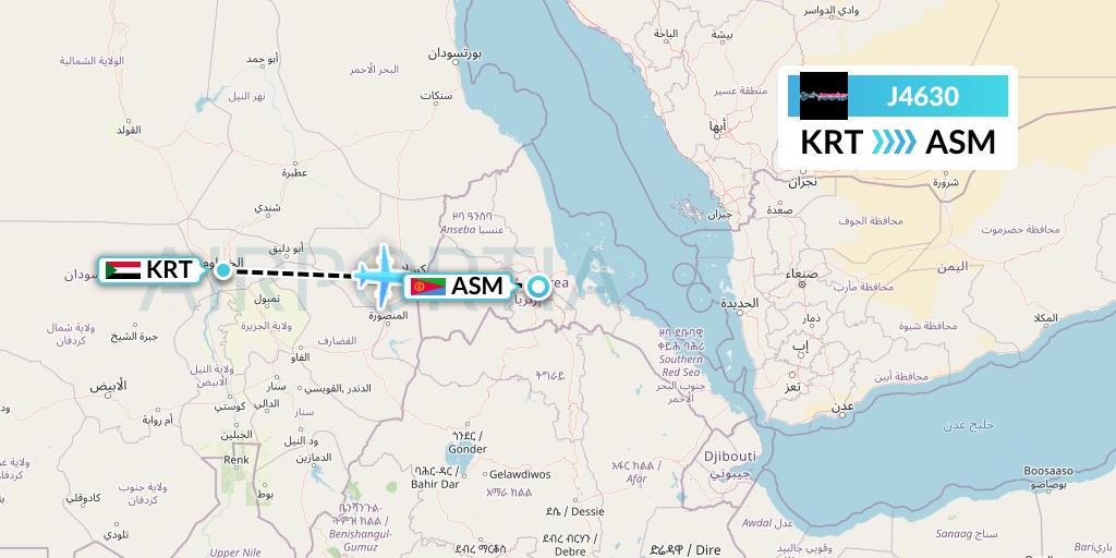 J4630 Badr Airlines Flight Map: Khartoum to Asmara