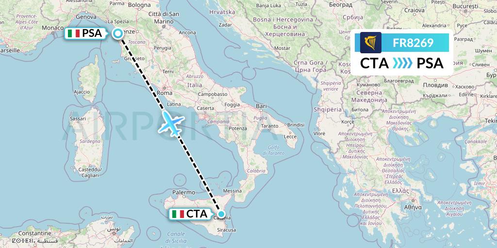 FR8269 Ryanair Flight Map: Catania to Pisa