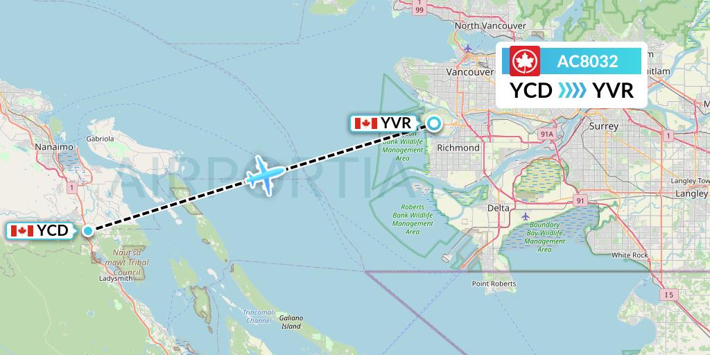 AC8032 Air Canada Flight Map: Nanaimo to Vancouver