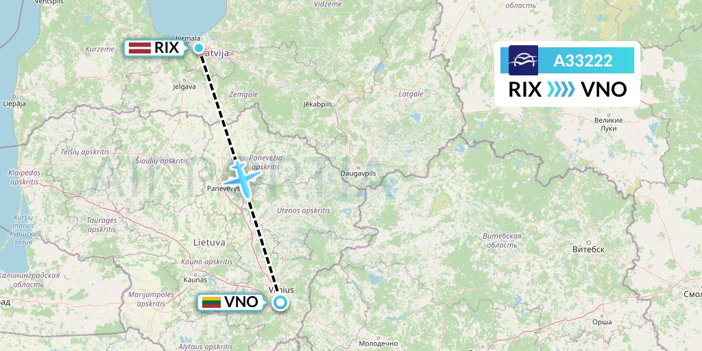 A33222 Aegean Airlines Flight Map: Riga to Vilnius