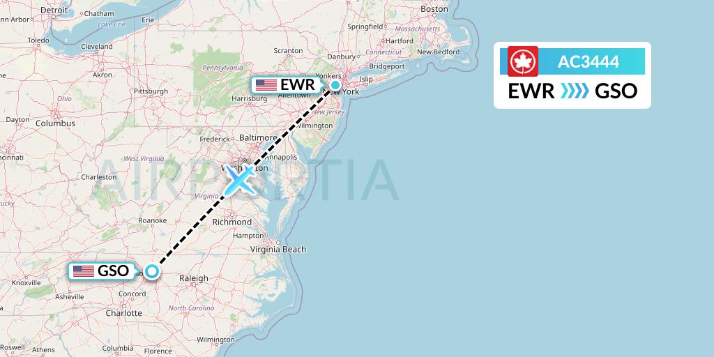 AC3444 Air Canada Flight Map: New York to Greensboro