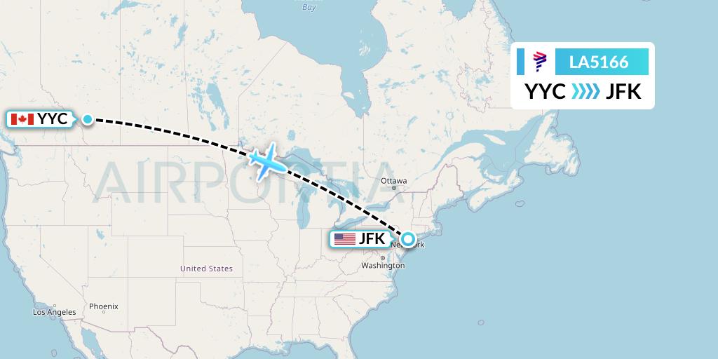 LA5166 LAN Airlines Flight Map: Calgary to New York