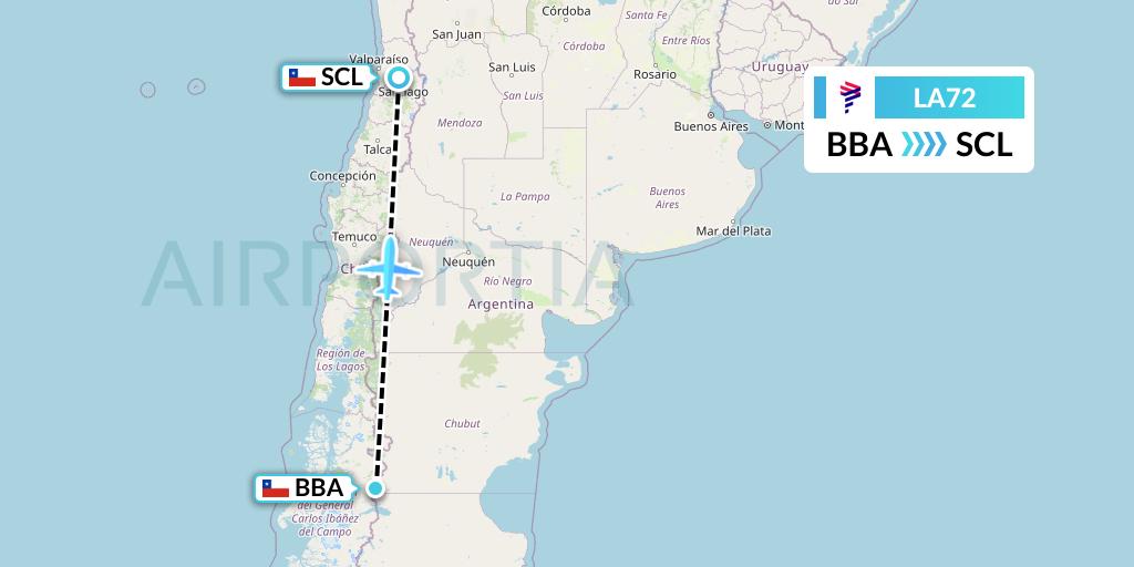 LA72 LAN Airlines Flight Map: Balmaceda to Santiago